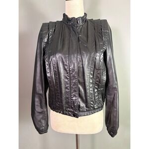 Vintage 80s Leather Bomber Jacket Women XS Black Pleated Moto Biker Powerful Zip